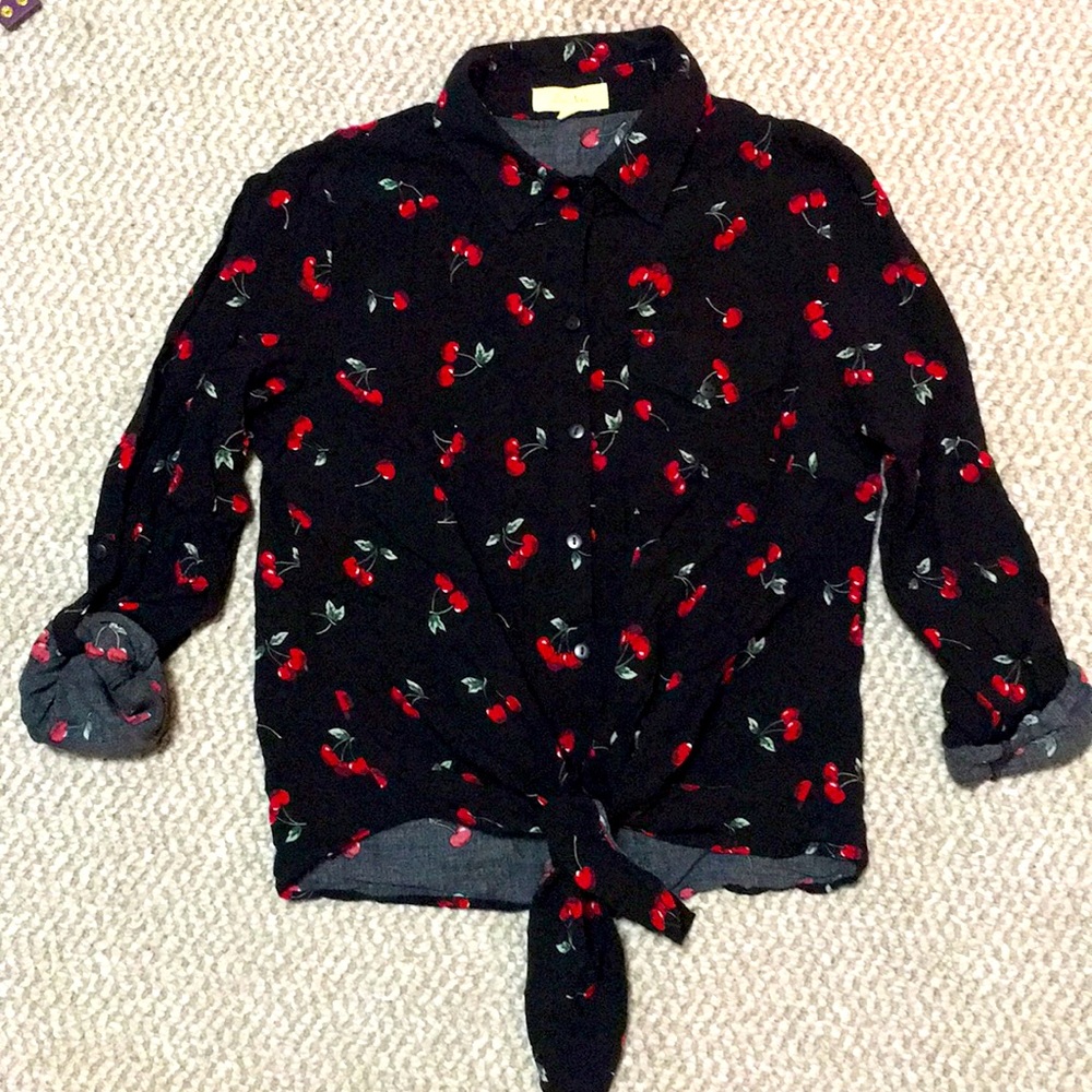 Cherry button down tied blouse